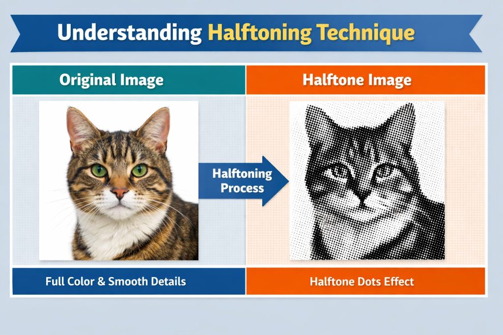 understanding the halftoning technique with a simple image and a halftoned image