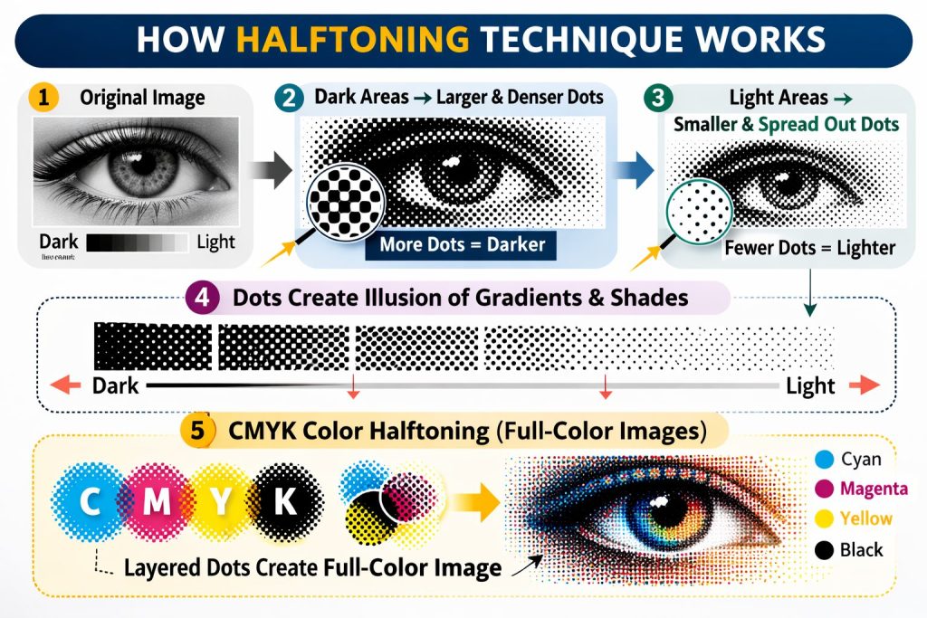 a step by step process explaining how halftoning technique works on an image 