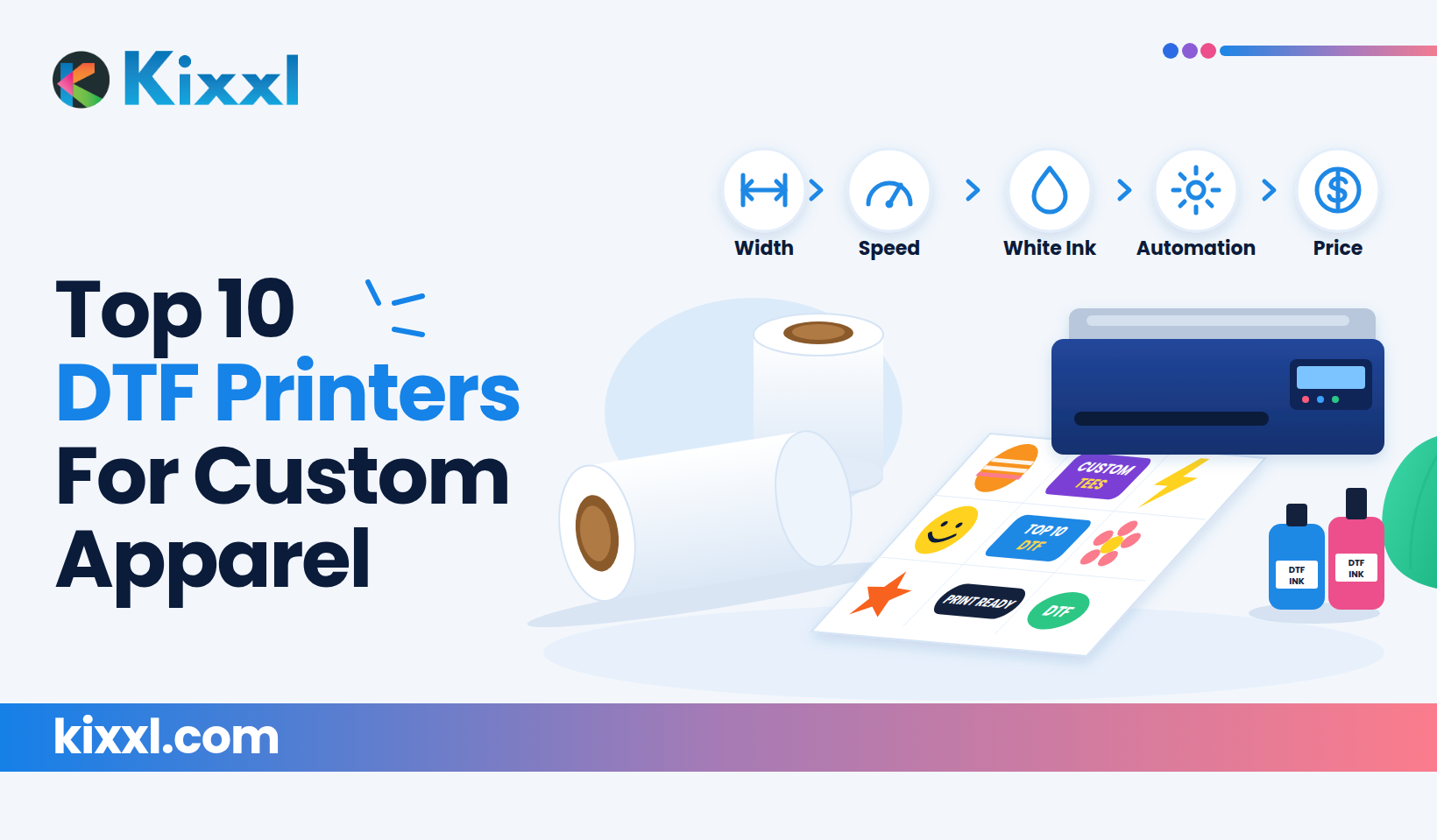 Kixxl blog header image titled "Top 10 DTF Printers For Custom Apparel"